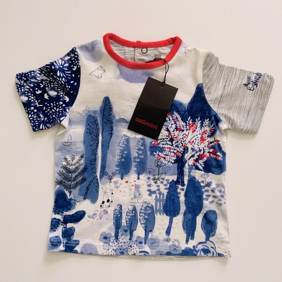 Catimini Baby Boy’s T-shirt NWT Italian Gray Blue Red Tree Cats - Picture 1 of 7